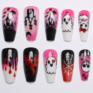<span class=keywords><strong>Uñas</strong></span> Postizas <span class=keywords><strong>Acrílicas</strong></span> Y2K Rosadas Góticas, Diseño Largo de Ataúd para Halloween con Goteo de Sangre de Fantasma y Casa Encantada, para Mujer - Product Image 5