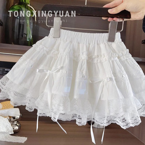 Tongxingyuan Girls White Cotton Lace Cake Skirt A-Line Solid Color Childrens Summer Short Skirt - Product Image 1