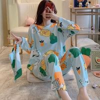 Nouvel ensemble de pyjama en soie de lait pour femme, motif mignon, manches longues et pantalon, idéal pour l'été et le printemps, style décontracté et confortable pour la maison