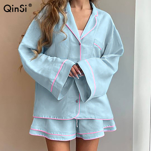 QINSI 2026 Abbigliamento Casual Autunnale con Bordature in Contrasto, <span class=keywords><strong>Pigiama</strong></span> da <span class=keywords><strong>Donna</strong></span> in <span class=keywords><strong>Cotone</strong></span>, <span class=keywords><strong>Camicia</strong></span> <span class=keywords><strong>a</strong></span> Maniche Lunghe e Pantaloncini, Set <span class=keywords><strong>Pigiama</strong></span> 2 Pezzi - Product Image 2