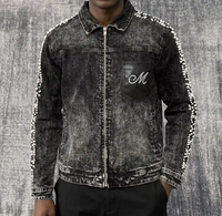 DENIMGUYS Nouvelle Veste en Jean Brodé pour Homme, Style Décontracté, Personnalisée, Noire, Effet Délavé, avec Strass