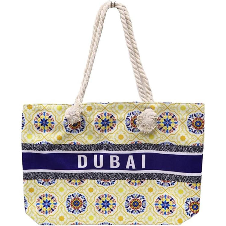 2023 Fashion Dubai Custom Women Ladies Summer Holiday Travel Souvenir  Zipper Beach Tote Shopping Bag With Rope Handle and Lining