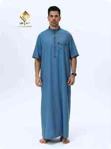Al Haramain <b>Men's</b> Blue <b>Thobe</b> Short Sleeve Cotton Casual Daily Wear Regular Fit Middle Eastern Style Breathable Thawb - Product Image 2