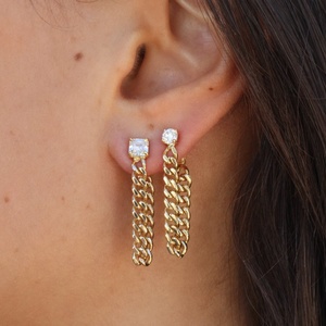Hot Fashion Women Jewelry placcato oro Iced Out Bling Round CZ pavimentato <span class=keywords><strong>con</strong></span> <span class=keywords><strong>orecchini</strong></span> pendenti a doppia faccia <span class=keywords><strong>con</strong></span> catena a maglie <span class=keywords><strong>con</strong></span> nappe cubane - Product Image 1