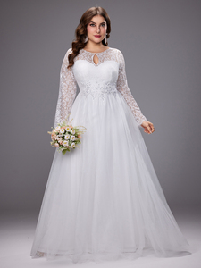 Váy cưới ren hoa sang trọng, tay dài, chất liệu lưới, kiểu dáng xẻ cổ khoét lỗ, dáng chữ A, dành cho cô dâu ngoại cỡ. - Product Image 2