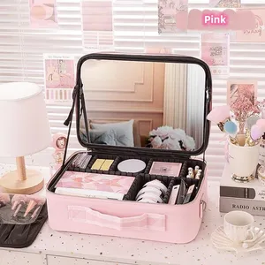 Portable Luxury Travel Boxes Professional Cosmetic Organizer Bag Led Makeup Case with Lights Silver Square Cosmetic Mirror