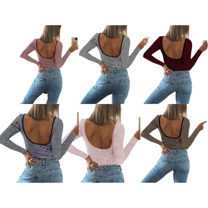 <span class=keywords><strong>Camiseta</strong></span> de Manga Larga <span class=keywords><strong>con</strong></span> Espalda Descubierta y Rayas en Contraste, Estilo Y2K, Elegante y Casual para <span class=keywords><strong>Mujer</strong></span>, Moda Europea y Americana - Product Image 6
