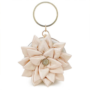 Luxury Rhinestone Party <b>Wedding</b> Wallet <b>Clutch</b> Bag Fashion Flower Round Metal Handle Handbag Woman Satin Evening Bag - Product Image 1