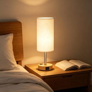 Cross-Border Night <b>Light</b> Wood Grain Three-Level <b>Touch</b> Dimming Fabric Shade <b>Bedside</b> Lamp US Standard Decorative Table Lamp - Product Image 5