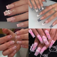 Uñas Postizas de Lujo Hechas a Mano con Etiqueta Privada, Blanqueadoras, con Pedrería 3D, Forma Ataúd Larga y Almendrada, Alta Calidad, Venta al por Mayor