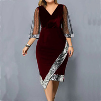 Robe courte à paillettes irrégulières en velours doré pour femmes Perspective Mesh Party Plus Size Women's Dresses