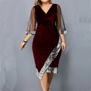 Abito corto da donna con paillettes irregolari in velluto dorato prospettiva Mesh Party Plus Size abiti da donna - Product Image 4