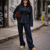Ensemble décontracté en jean pour femme, deux pièces tissées, veste à revers et pantalon, style automne, avec ceinture décorative, livraison rapide