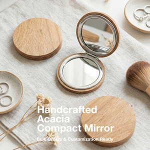 Miroir compact rond en bois d'acacia naturel de 65 mm avec logo personnalisé, double face, verre HD, mini miroir de maquillage pour sac à main, vente en gros, bois naturel - Product Image 1