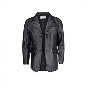 Men's Genuine <b>Leather</b> <b>Blazer</b> Notched Lapel Single Breasted Regular Fit Black Outerwear - Product Image 1