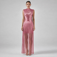 Robe de soirée longue moulante élégante pour femme, de haute qualité, taille haute, col semi-montant, sans manches, ornée de franges croisées