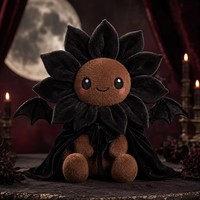 Peluche personnalisée Gothique Vampire Tournesol, pétales noirs, ailes de chauve-souris, cape en velours, OEM, décoration de poupée en peluche pour Halloween, cadeau