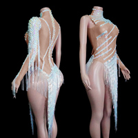 Robe à franges en cristal AB blanc, maille nude, à une manche, à franges irisées, col montant, costume de danse latine, de drag, de gogo et de scène