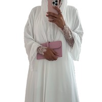Gaun Panjang Elegan Slim Fit Poliester Bordir Arab dengan Aksen Chiffon dan Renda, Dilengkapi Kerudung