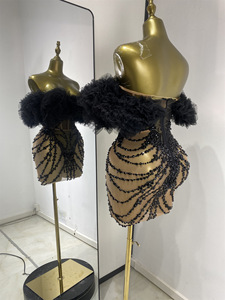 Abito da palcoscenico sensuale per gruppi femminili, nero, con top all'americana, gonna a sbuffo, in rete con strass, trasparente e traspirante, al ginocchio, per discoteca - Product Image 5