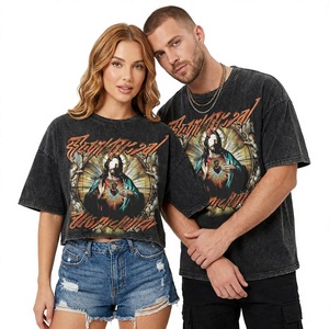 T-shirt court délavé à l'acide avec imprimé Jésus, coupe oversize, manches courtes, col rond, style vintage pour hommes et femmes - Product Image 1