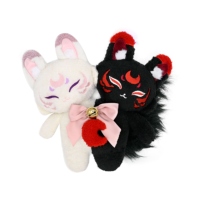 Peluche personnalisée Kitsune japonaise, jouet en peluche renard jumeau noir et blanc avec nœud et clochette, jouets animaux pour enfants, cadeau OEM ODM