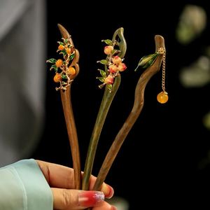 Bâtonnet à cheveux ancien en bois de santal, style rétro, avec perles et feuilles, pour chignon, bijou de coiffure pour costume chinois Han - Product Image 1