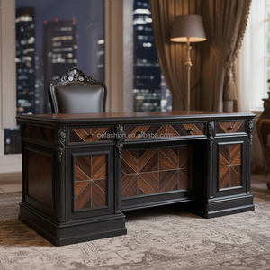 Bureau <span class=keywords><strong>de</strong></span> direction en bois massif noir antique OE-FASHION, table <span class=keywords><strong>de</strong></span> bureau <span class=keywords><strong>de</strong></span> luxe en noyer avec marqueterie et tiroirs - Product Image 1