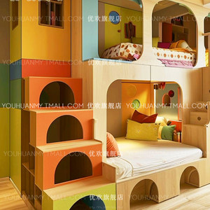 Chambre d'enfant multifonctionnelle intégrée avec lit superposé et espace pour animaux de compagnie, style grenier, design arc-en-ciel coloré - Product Image 2