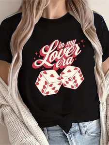 T-Shirt da Donna My Era Lover con Motivo a Dadi a Forma di Cuore, per San Valentino, Casual, Manica Corta, Collo Tondo, Morbida e Traspirante in Jersey - Product Image 3