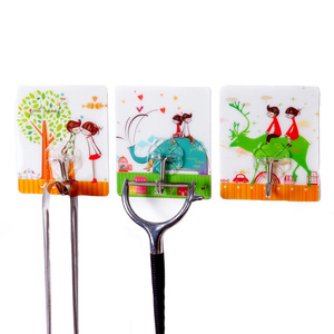 Cartoon Printed Nail-Free Plastic <b>Hooks</b> Removable Wall Mounted Rectangle <b>Adhesive</b> <b>Hooks</b> For Kitchen Bathroom Door Use - Product Image 5