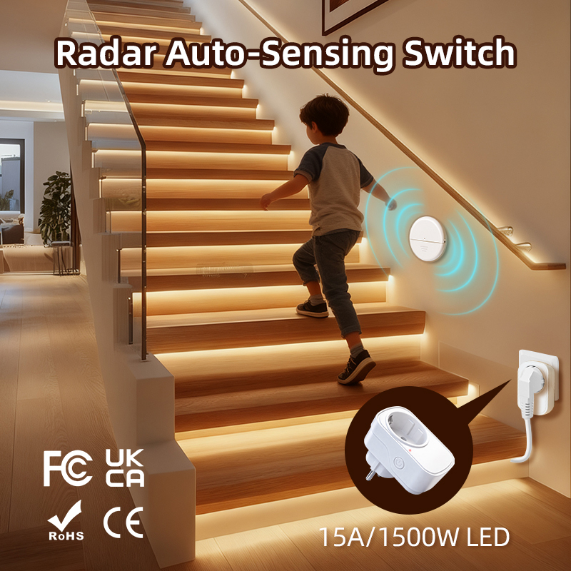 Smart Radar Human Sensor 1500W EU Standard Microwave Socket Adjustable Sensing For Apartment Hallway Pantry Auto On Off Light