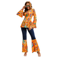Costume de disco vintage des années 70 pour femmes Costume imprimé Hippie Cosplay des années 80 avec bandeau pour Halloween Party & TV & Movie Costumes