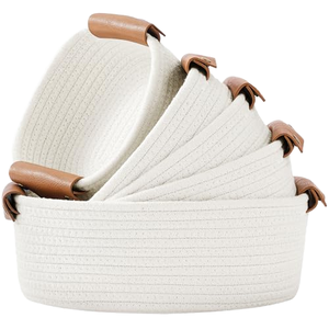 Modern Rectangle Storage <b>Basket</b> Set 5 Sturdy Cotton <b>Rope</b> <b>Baskets</b> Foldable Design for Eco-Friendly Home Organization Shelves - Product Image 1