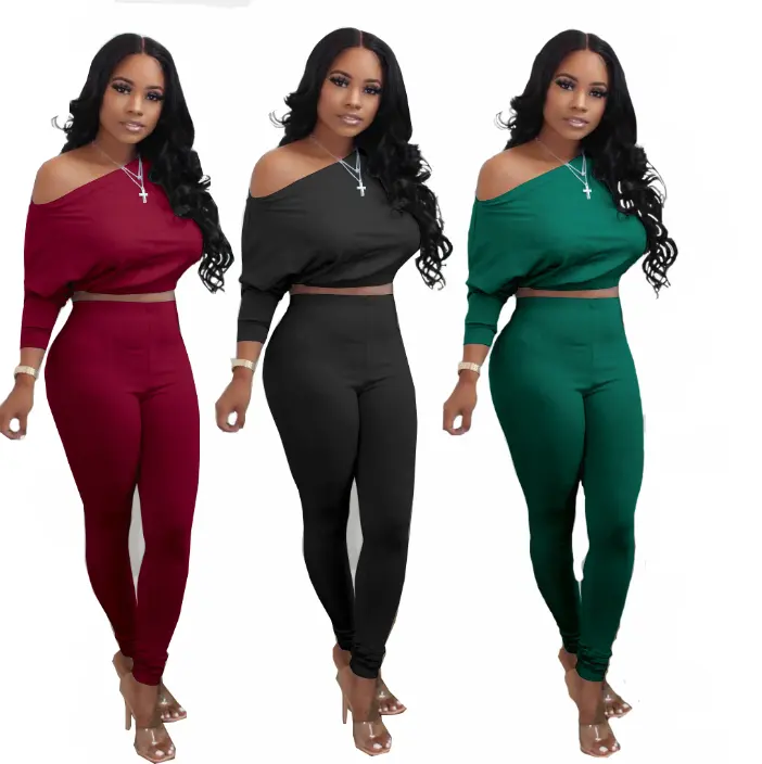 Plus Size Effen Kleur Jumpsuit Uit De Schouder Top Vrouwen Lange Mouwen Kleding Casual Tweedelige Set Vrouw Kleding