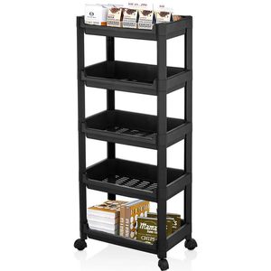 Chariot de rangement étroit noir à 5 étagères avec roulettes 35,5x22x85 cm, organisateur gain de place pour cuisine, salle de bain, chambre - Product Image 1