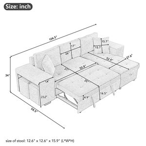 Sofá-Cama Seccional Moderno em L com Três Lugares, Extensível, Reversível, com Chaise Longue Retrátil e Armazenamento, 2 Banquetas, Mobiliário para Sala de Estar - Product Image 4