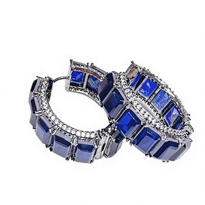Elegant <b>Silver</b> Plated Geometric Hoop <b>Earrings</b> With Blue Emerald Cut Crystal Rhinestones For Women Party Wear - Product Image 2