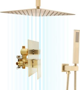 Sistema doccia a pioggia in oro spazzolato termostatico a manico singolo montato a soffitto per massaggio portatile ad alta pressione da 16 pollici in testa - Product Image 6