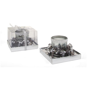 Portavelas de cristal con pedrería y cuentas, bandeja decorativa plateada para centro de mesa festivo - Product Image 1