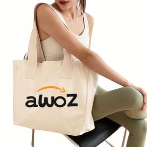 กระเป๋าช้อปปิ้งผ้าฝ้ายออร์แกนิคแบบกำหนดเอง หูหิ้วหยาบ กระเป๋าโท้ทผ้าแคนวาสขนาดใหญ่สำหรับผู้หญิง สะพายไหล่เดียว พร้อมโลโก้แบบกำหนดเอง - Product Image 1