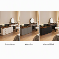 Meuble-lavabo moderne en forme de L avec plateau en noyer |   Miroir LED rond à 6+2 tiroirs et chaise Boucle (bois massif multicouche)