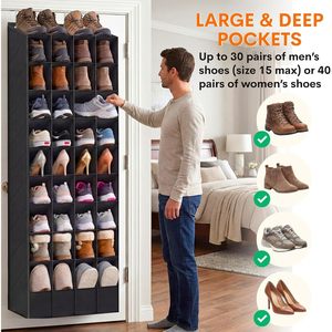 Over The Door Shoe Organizer 40 Pockets Large Deep Compartments For Boots Sneakers <b>Black</b> Non Woven Fabric Hanging Storage - Product Image 5