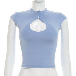 Viviblook J26TP207 T-shirt d'été pour femme, nouveau haut court uni à manches courtes et découpe sur la poitrine - Product Image 1