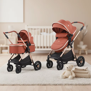Poussette de luxe en coton 2-en-1, landau et poussette avec <span class=keywords><strong>barre</strong></span> de poussée inversée, cadre pliable en alliage d'aluminium pour bébés - Product Image 2