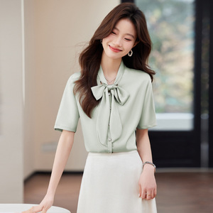 Women's Short Sleeve Chiffon Blouse Solid Color French Bow Top Office Wear Elegant Wrap And Tie Shirt - Product Image 4