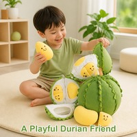 Ronde groene durian knuffel met vilten schil-stroken en geel fruitvlees, schattig fruitknuffeltje voor decoratie in de leeshoek en slaapkamer cadeau