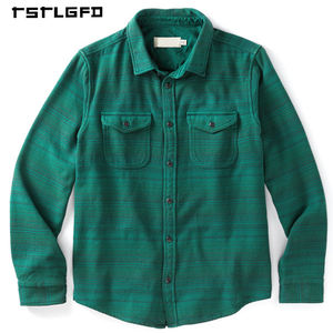 Chemises à carreaux pour hommes en coton recyclé, design personnalisé, haute qualité, décontractées, avec poche, classiques, vert forêt, manches longues, en flanelle, col montant - Product Image 4