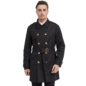 Sobretudo casaco preto personalizado, casaco de trincheira com cinto duplo para homens