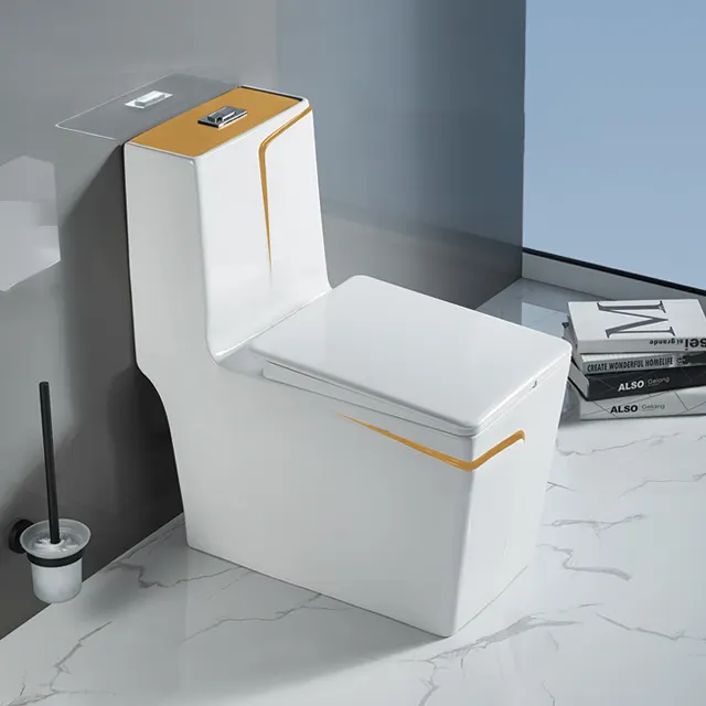 Witte En Gouden Vierkante Badkamer Luxe Sanitair Vloer Gemonteerd Keramische Waterkast Toilet
